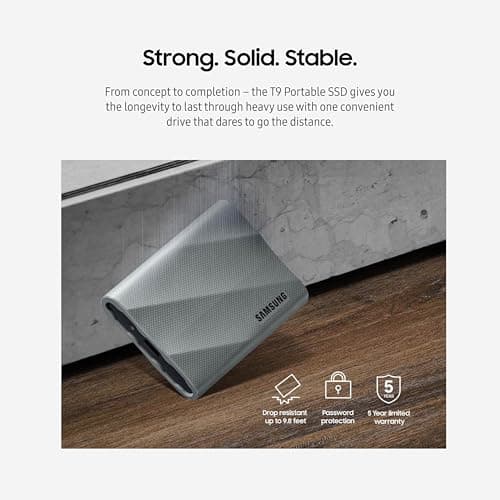 Samsung T9 2TB, Portable SSD, up to 2000MB/s, USB 3.2 Gen 2x2 (20Gbps) NVMe, Rugged, for Photographers, Content Creators and Gaming, External Solid State Drive (MU-PK2T0G/WW) Gray