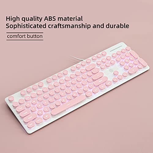 Wired Quiet Membrane Keyboard,Full Size 104-Keys Retro Punk Typewriter White LED Backlit ，USB Ultra Slim Gaming Keyboard with ABS Round keycaps for Windows/PC/Laptop (Pink)