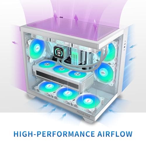 MUSETEX ATX PC Case, 6 PWM ARGB Fans Pre-Installed, 360MM RAD Support, Type-C Gaming PC Case, 270° Full View Tempered Glass Mid Tower, Pure White ATX Computer Case,Y6