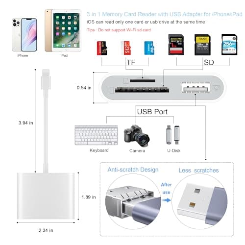 SD Card Reader for iPhone, Memory Card Reader with USB Camera Adapter Plug and Play Trail Game Camera Viewer Supports SD and TF Card MicroSD Card Adapter for iPad No App Required