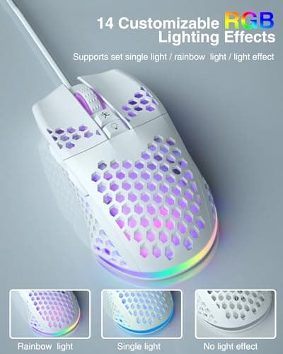 SM900 White Wired Gaming Mouse with Honeycomb Shell,12800 DPI,7 Programmable Buttons,Lightweight Gaming Mice Ergonomic Computer Wired Mouse Gaming for Win/PC/Mac/Laptop Gamer