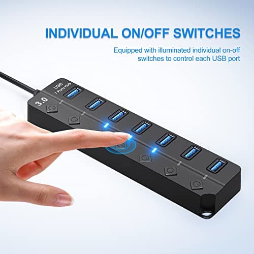 USB Hub 3.0, 7-Port USB Hub Splitter with Individual On/Off Switches and Lights, 3.2ft/1m Long Cable Compatible with MacBook, Laptop, Surface Pro, PS4, PC, Flash Drive, Mobile HDD