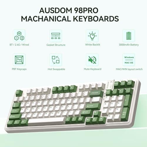 AUSDOM 98Pro Silent Mechanical Keyboard, Wireless Hot Swappable Gaming Keyboard with Backlit,Gasket Structure,Pre-lubed Tactile Switches,2.4GHz/Type-C/Bluetooth Custom Keyboards (Green & White-Silent)