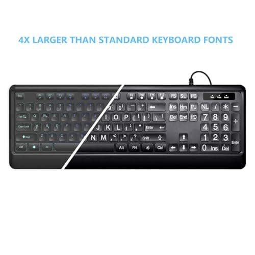 Large Print Backlit Keyboard, USB Wired Computer Keyboard, Full Size Keyboard with White Illuminated LED Compatible for Windows Desktop, Laptop, PC, Gaming, Black