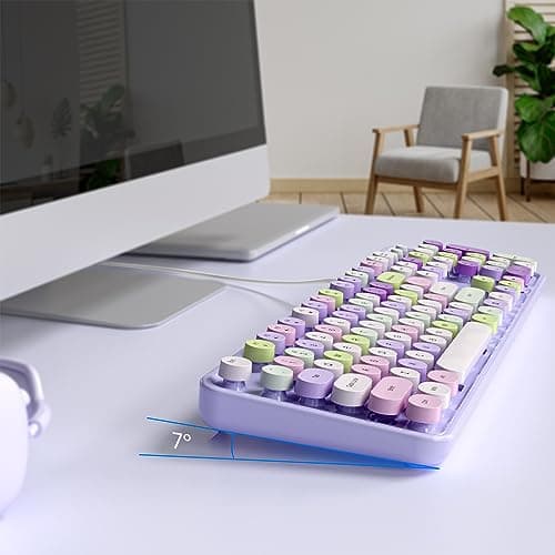 Computer Keyboard Wired, Plug and Play USB Retro Round Typewriter Keyboard, Full Size Wired Keyboard with Foldable Stands for Laptop and Office PC- Purple Colorful