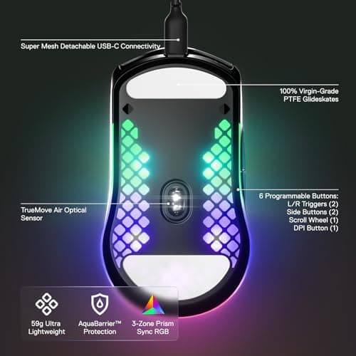 SteelSeries Aerox 3 - Holey RGB Gaming Mouse - Ultra-lightweight Water Resistant Design - 8,500 DPI TrueMove Core Optical Sensor - Onyx