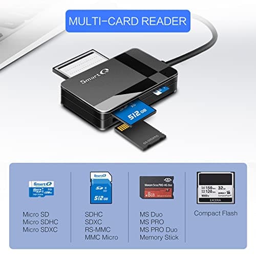 SmartQ C368 USB 3.0 Card Reader - Plug & Play, Compatible with Apple & Windows, Supports SD, Micro SD, MS, CF Cards