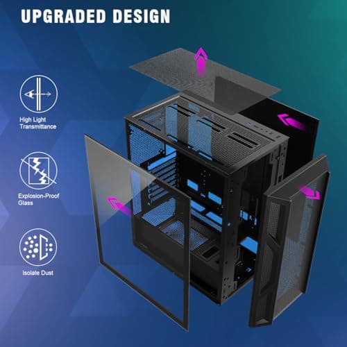 RUIX CV103 ATX Mid-Tower PC Case, Pre-Installed 4 x 120mm RGB Fans, RGB Color Lighting, Tempered Glass, USB 3.0, Gaming Computer Case, High-Airflow - Black