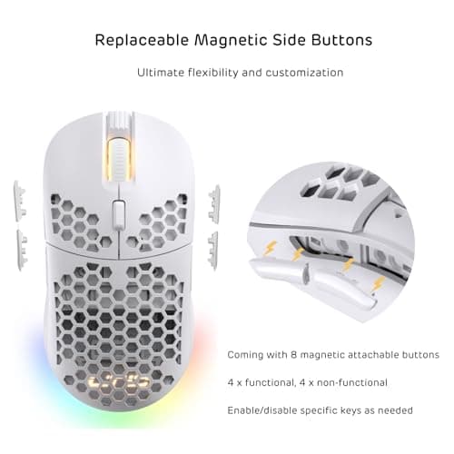 LTC WHM-001 Mosh Pit Wireless Gaming Mouse, 10,000 DPI 2.4Ghz/ Wired RGB Ambidextrous Mice w/Lightweight Honeycomb Shell, Ergonomic Shape for Right or Left Hand Use, for PC/Mac/Laptop, White