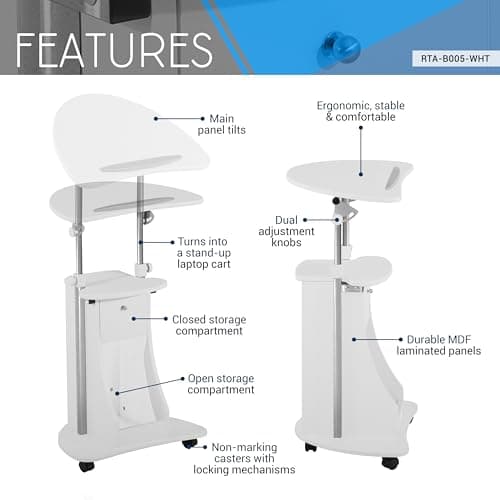 Techni Mobili Adjustable Height Rolling Laptop Cart with Storage, Sit to Stand Desk with Wheels, Podium Stand or Medical Cart, White