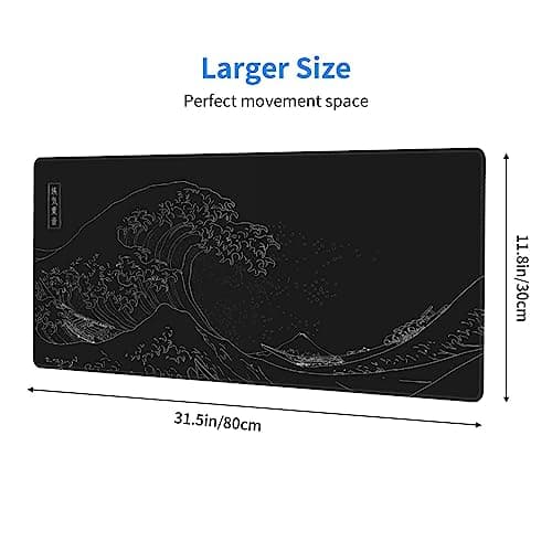 Japanese Gaming Mouse Pad Black Mouse Pad Kanagawa Large Mousepad Non-Slip Rubber Base Waterproof with Stitched Edges for Gaming Office Home, 31.5x11.8 Inch (Black Wave)