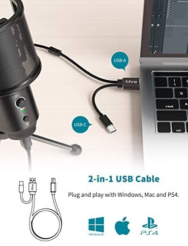 FIFINE USB Desktop PC Microphone with Pop Filter for Computer and Mac, Studio Condenser Mic with Gain Knob Mute Button Headphone Jack for Gaming Streaming Recording YouTube, Extra USB-C Plug-K683A