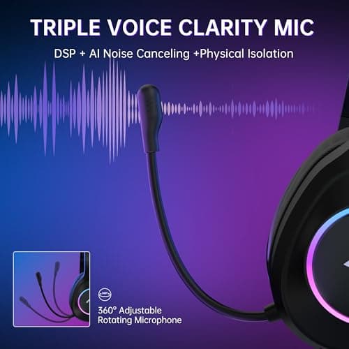 AOC Wireless Gaming Headset for PS5, PS4, Nintendo Switch, PC, Bluetooth 5.4 & 2.4GHz Gaming Headphones with Noise Canceling Mic, RGB, Type-C, 20ms Latency, 45H, 7.1 Virtual Surround- Black