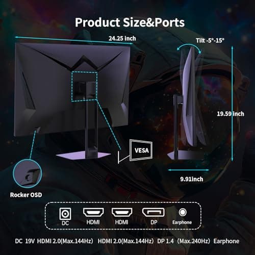 27'' 240hz Gaming Monitor 1440p(2560× 1440) 144Hz 1ms Fast HVA HDR400 130% sRGB HDMI & DisplayPort AdaptiveSync VESA Tilt Eye Care