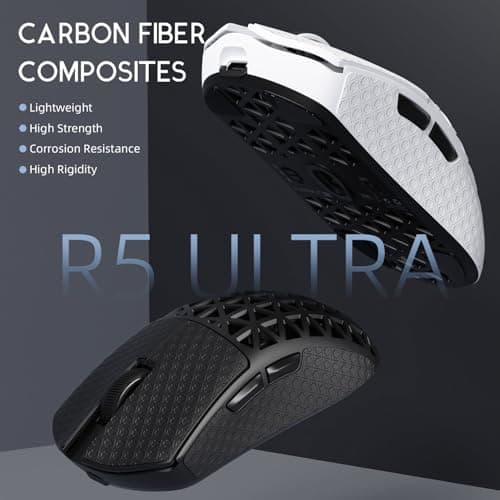 R5Ultra 8K Carbon Fiber Wireless Gaming Mouse with 42,000 DPI -PAW3950 MAX Sensor -Nordic 52840 MCU Chip-39g Ultra-Lightweight -Wired/BT/2.4GHz Wireless Programmable Mice Griptape for PC/Mac(White)