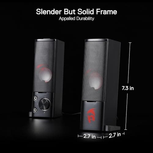 Redragon GS550 PC Gaming Speakers, 2.0 Channel Desktop Computer Sound Bar with Compact Maneuverable Size, Headphone Jack, Quality Bass & Decent Red Backlit, USB Powered w/ 3.5mm Cable