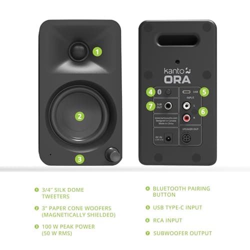 Kanto ORAMB 100W Powered Reference Desktop Computer Speakers with Bluetooth 5.0 and USB-C Input | Bi-Amplified | 100 Hz Automatic Crossover | Reference Quality Sound | Pair | Black