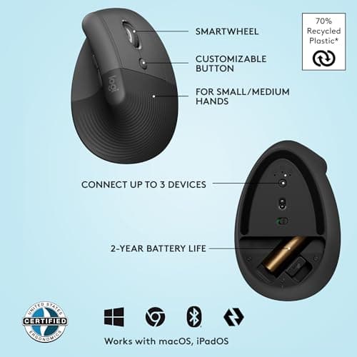 Logitech Lift Vertical Ergonomic Mouse, Wireless Bluetooth or USB Receiver, Quiet Clicks, 4 Buttons, Right Hand Wireless Mouse, Windows/macOS/iPadOS, Laptop, PC - Graphite