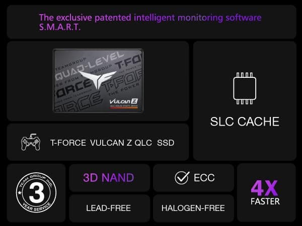 TEAMGROUP T-Force Vulcan Z 1TB SLC Cache 3D NAND QLC 2.5 Inch SATA III Internal Solid State Drive SSD (R/W Speed up to 550/470 MB/s) T253TY001T0C101
