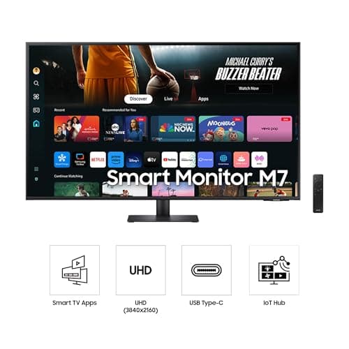 Samsung 43-Inch M7 (M70D) Series 4K UHD Smart Monitor, Speakers, HDR10, USB-C, Multiple Ports, Gaming Hub, SolarCell Remote, Vision Accessibility Tools, LS43DM702UNXGO, Black