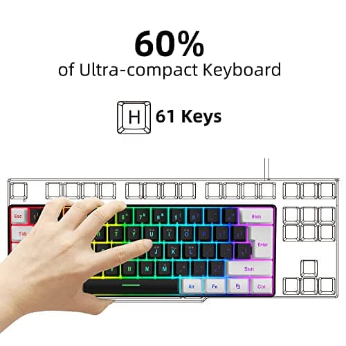 Snpurdiri 60% Wired Gaming Keyboard, Small RGB Backlit Membrane Gaming Keyboard, Ultra-Compact Mini Waterproof Keyboard for PC Computer Gamer White and Black