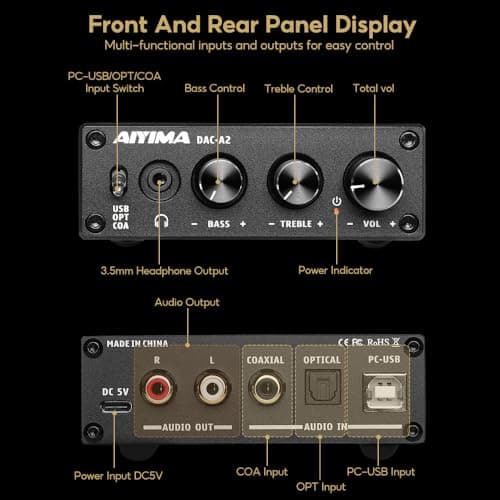AIYIMA DAC-A2 Headphone Amplifier DAC with Bass Treble Controls PC-USB/Optical/Coaxial Inputs, RCA/3.5mm Headphone Ouput Digital to Analog Desktop Audio Converter DC 5V 24Bit 192kHz