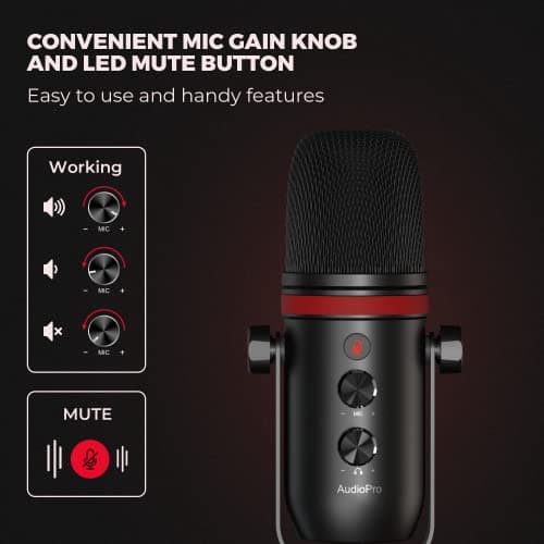 USB Microphone, Computer Condenser Gaming Mic for PC/Laptop/PS4/5, Headphone Output, Volume Control, USB Type C Plug and Play, LED Mute Button, for Streaming, Podcast, Studio Recording