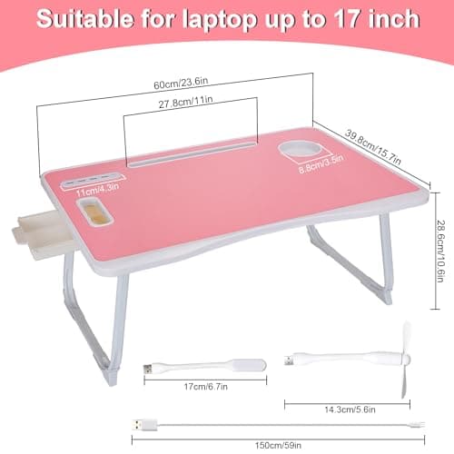 Laptop Bed Table, Laptop Desk for Bed, Foldable Laptop Bed Desk with USB Charge Port, Handle, Desktop Card Slot, Cup Slot, Side Drawer, Portable Laptop Table for Eating Reading Working