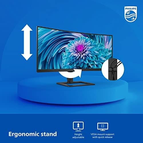 Philips 346E2CUAE 34'' Curved Frameless, UltraWide QHD 3440x1440,100Hz, 121% sRGB, 1ms MPRT, USB-C Charging, MultiView PIP/PBP, Height Adjustable, 4Yr Advance Replacement, Black