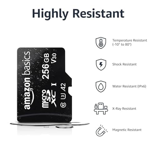 Amazon Basics Micro SDXC Memory Card with Full Size Adapter, A2, U3, Read Speed up to 100 MB/s, 256 GB, Black