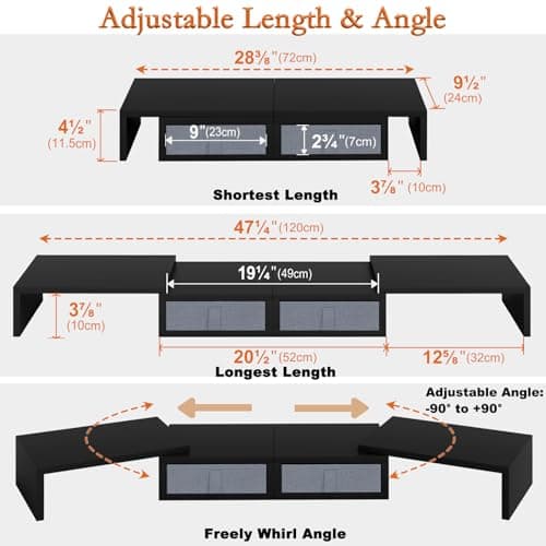TEAMIX Wood Dual Monitor Stand Riser with Drawers-Length and Angle Adjustable Triple Monitor Stand with Storage Large Computer Riser for 2/3 Monitors/Laptops/PC/Printers