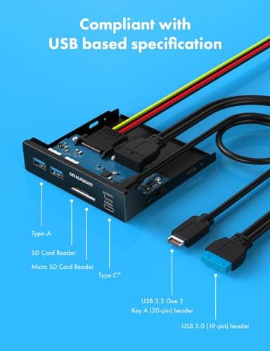 GRAUGEAR 3.5 Inch Front Panel USB C Hub, SD/microSD Internal Card Reader, 20Gbps USB 3.2 Gen 2x2, USB3.2 Type-E Key-A 20-Pin Header & USB3.0 Header & 15-Pin SATA Power Connector Required [G-MP01CR]