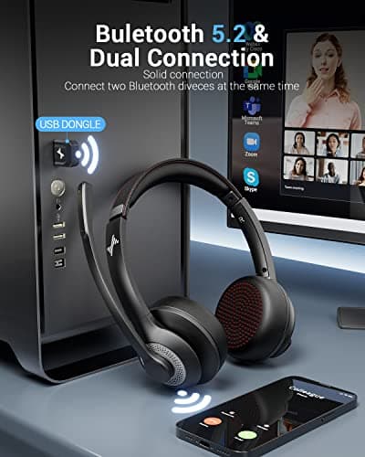 Wireless Headset with AI Noise Cancelling Microphone Bluetooth Headset - Bluetooth V5.2 Headphones with USB Dongle & Mic Mute for Computer/Laptop/PC/iPhone/Android/Cell Phones (Bluetooth+USB Dongle)