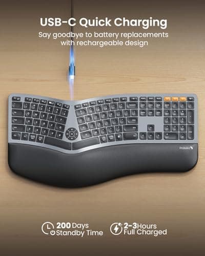 ProtoArc Backlit Bluetooth Ergonomic Keyboard, EK01 Plus Full Size Wireless Split Keyboard with Dual Bluetooth and USB, Cushioned Wrist Rest, Rechargeable, Compatible with Windows/Mac/Android, Grey