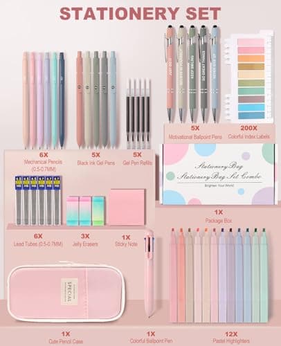 56 PCS Aesthetic School Supplies with Large Pencil Case, 5 Inspirational Ballpoint Pens, 12 Pastel Highlighters, 5 Black Ink Gel Pens, 6 Mechanical Pencils 0.5-0.7mm Student Essentials (Pink)