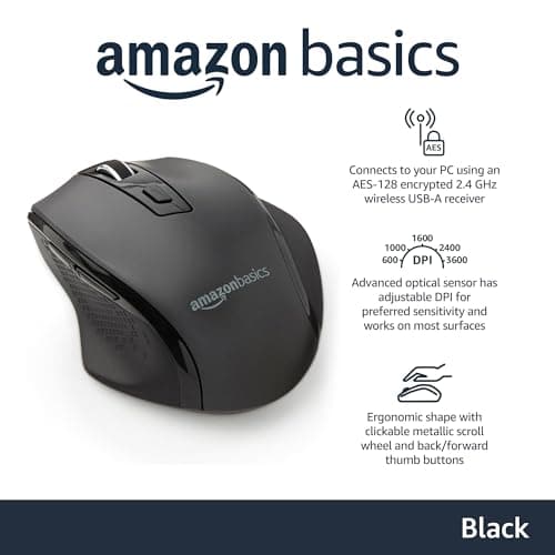 Amazon Basics Computer Mouse Wireless, Ergonomic, 2.4 GHz Optical, DPI Adjustable, Compatible With PC, Mac, Laptop, Black