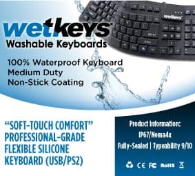WetKeys "Soft-Touch Comfort Professional-Grade Full-Size Flexible Silicone Washable Keyboard (USB) (PS/2) (Black) | KBWKFC106-BK