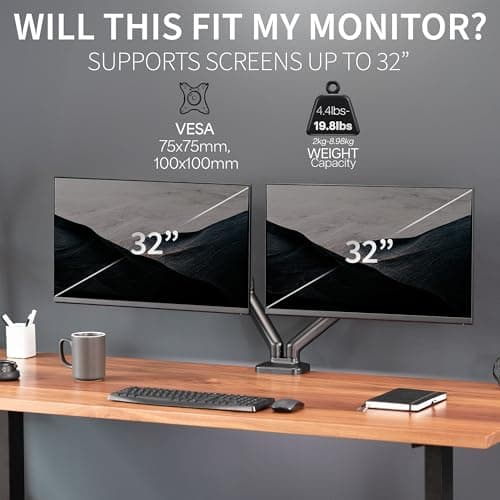 VIVO Dual Monitor up to 32 inches and 19.8 lbs per Screen, Pneumatic Arm Desk Mount, Articulating Counterbalance, VESA Stand, Classic, STAND-V002O