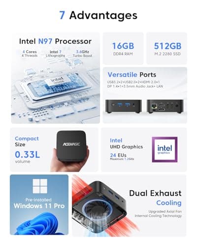 ACEMAGIC Black Vista V1 N97 Mini PC,16GB DDR4 RAM 512GB SSD Mini Computers, 12th Gen N97(Beat N100/N95, up to 3.6GHz) 4K Dual Display/WiFi for Home/Office,Win 11 Pro Small Desktop Computer