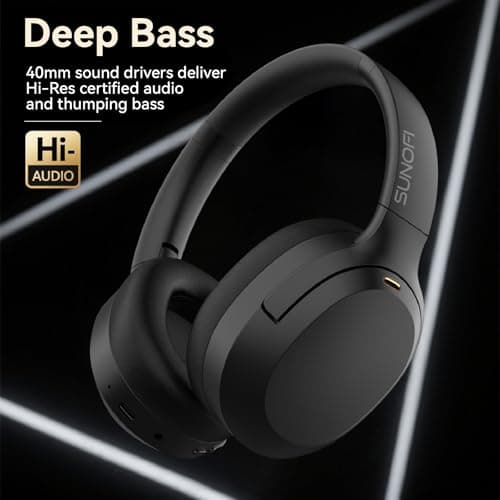 Hybrid Active Noise Cancelling Headphones, Wireless Over Ear Bluetooth Headphones with Mic, 40H Playtime, Hi-Res Audio, Deep Bass, Foldable Comfort Fit Ear Cups for Travel, Office, Home (Black)