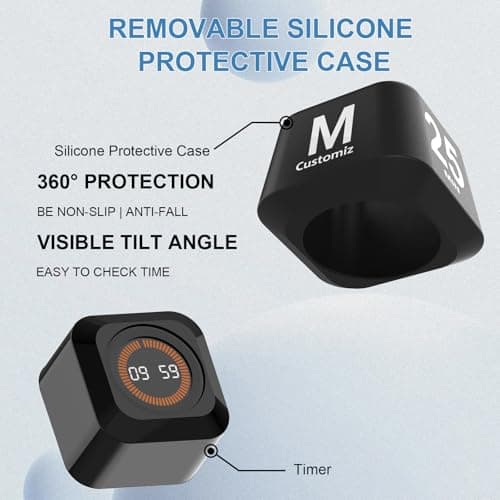 Rotating Cube Visual Timer 5, 25, 10, 50 Min Preset + Custom Countdown, Rechargeable Desk Productivity Flip Timer w/Silicone Case, Silent Mode, Ideal for ADHD Tool Study Work Kitchen School (Black)