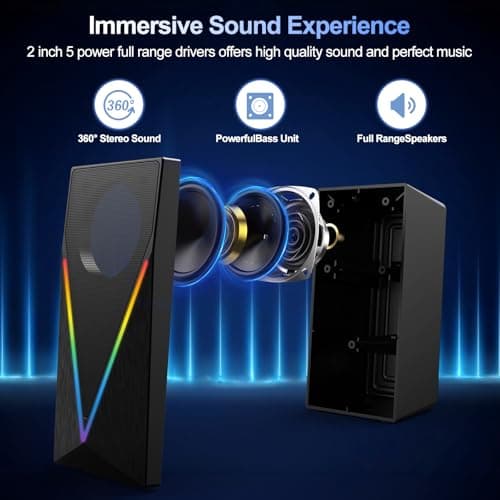 RGB Desktop Speakers with Enhanced Bass, Volume Control & 6 Colorful Lights - USB Powered & 3.5mm Aux Gaming Speakers for Laptop, PC, Tablet, Phone