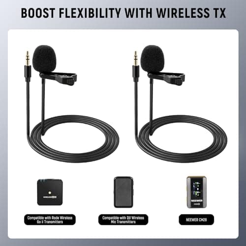 NEEWER 2 Pack Lavalier Lapel Microphone Compatible with DJI Wireless Mic Transmitters Rode Wireless GO II 2, Omnidirectional Condenser Wired Clip On Lav Mics for Stage YouTube Live Streaming, CM5