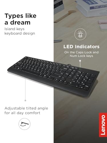 Lenovo 300 USB Keyboard, Wired, Adjustable Tilt, Ergonomic, Windows 7/8/10, GX30M39655, Black