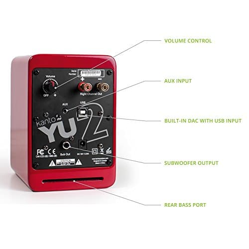 Kanto YU2GR PC Gaming Desktop Speakers | 3" Composite Drivers | 3/4" Silk Dome Tweeter | Class D Amplifier | 100 Watts | Built-in USB DAC | Subwoofer Output | Pair | Gloss Red