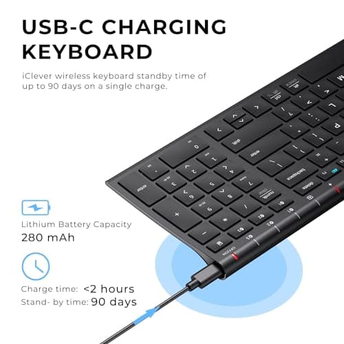 iClever BK10 Bluetooth Keyboard, Universal Bluetooth 5.1 Wireless Keyboard with Number Pad, Ergonomic Design, Multi-Device Compatibility, Stable Connection for Mac, iPad, iPhone, Android, Windows