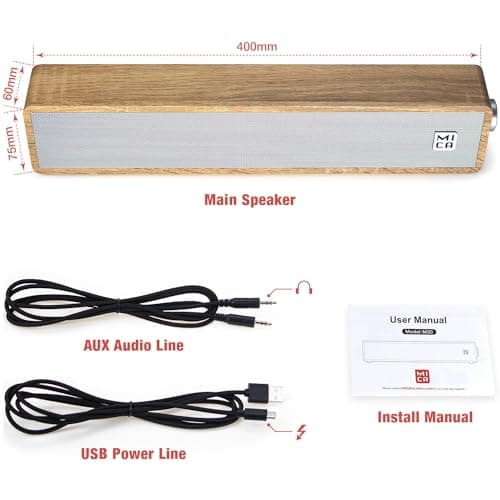 MICA Computer Speakers, Wired Computer Sound Bar, Wooden Mini Soundbar, USB Powered PC Speakers for Desktop Monitor, Laptop, Tablet, 3.5mm Aux Connection, Angled (Yellow)
