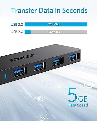 Anker 4-Port USB 3.0 Hub, Ultra-Slim Data USB Hub with 2 ft Extended Cable (Charging Not Supported), for MacBook, Mac Pro, Mac Mini, iMac, Surface Pro, XPS, PC, Flash Drive, Mobile HDD