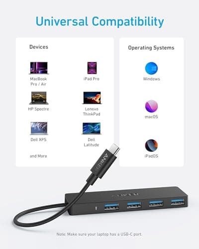 Anker 4-Port USB 3.0 Hub with 5Gbps Data Transfer, Ultra-Slim USB-C Connector Hub, for MacBook, iMac, Surface, Mobile HDD, and More (2 ft USB-C Connector, Charging Not Supported)