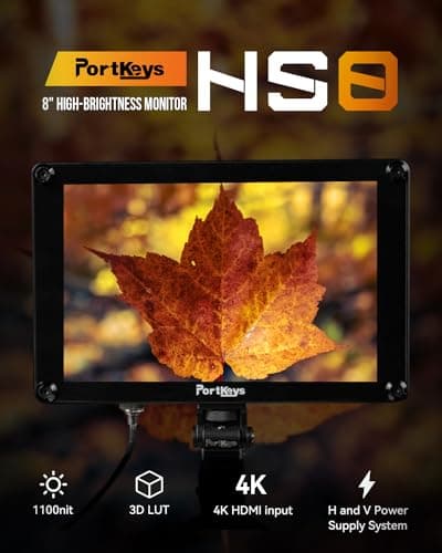 Portkeys HS8 Camera Field Monitor 8" 1100nit Brightness Dual NP-F Battery Plates 3D LUT 4K HDMI Input 3G SDI in/Out Aluminum Housing, VESA 100 x 100 Mounting Points